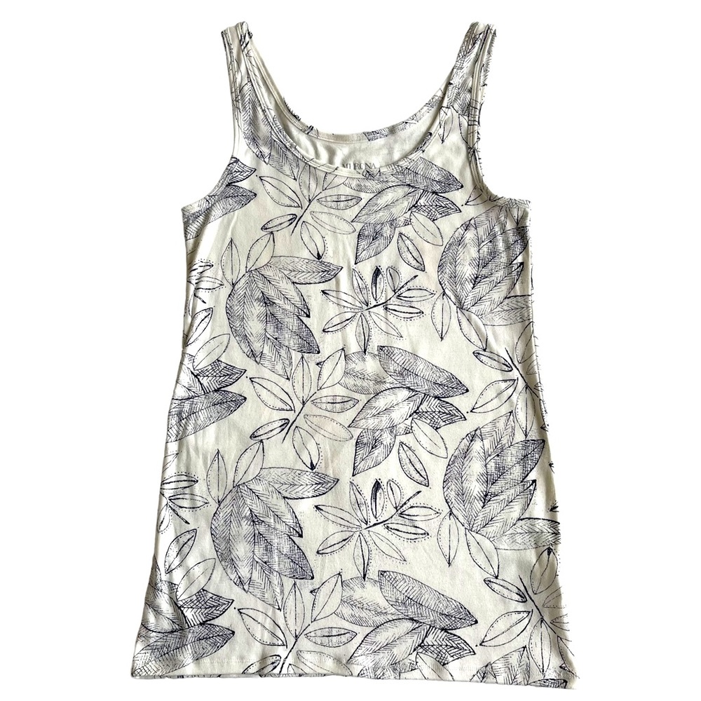 Merona Navy Blue Cream Botanical Leaf Sketch Print Tank Top XL